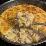 One Pan Creamy Meat and Potato Skillet 8 A close-up photo of a One Pan Creamy Meat and Potato Skillet garnished with fresh herbs