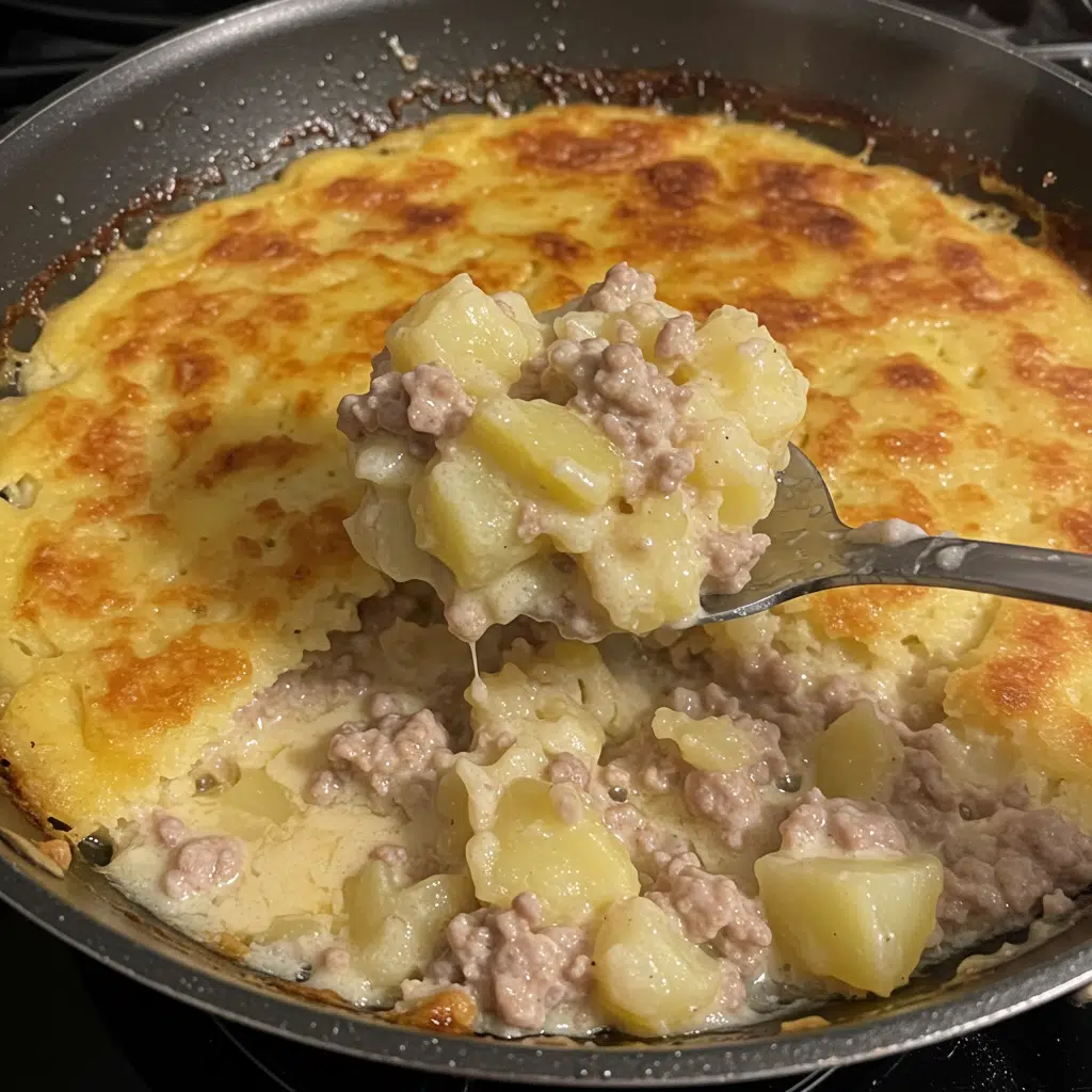 Home Page 60 A close-up photo of a One Pan Creamy Meat and Potato Skillet garnished with fresh herbs