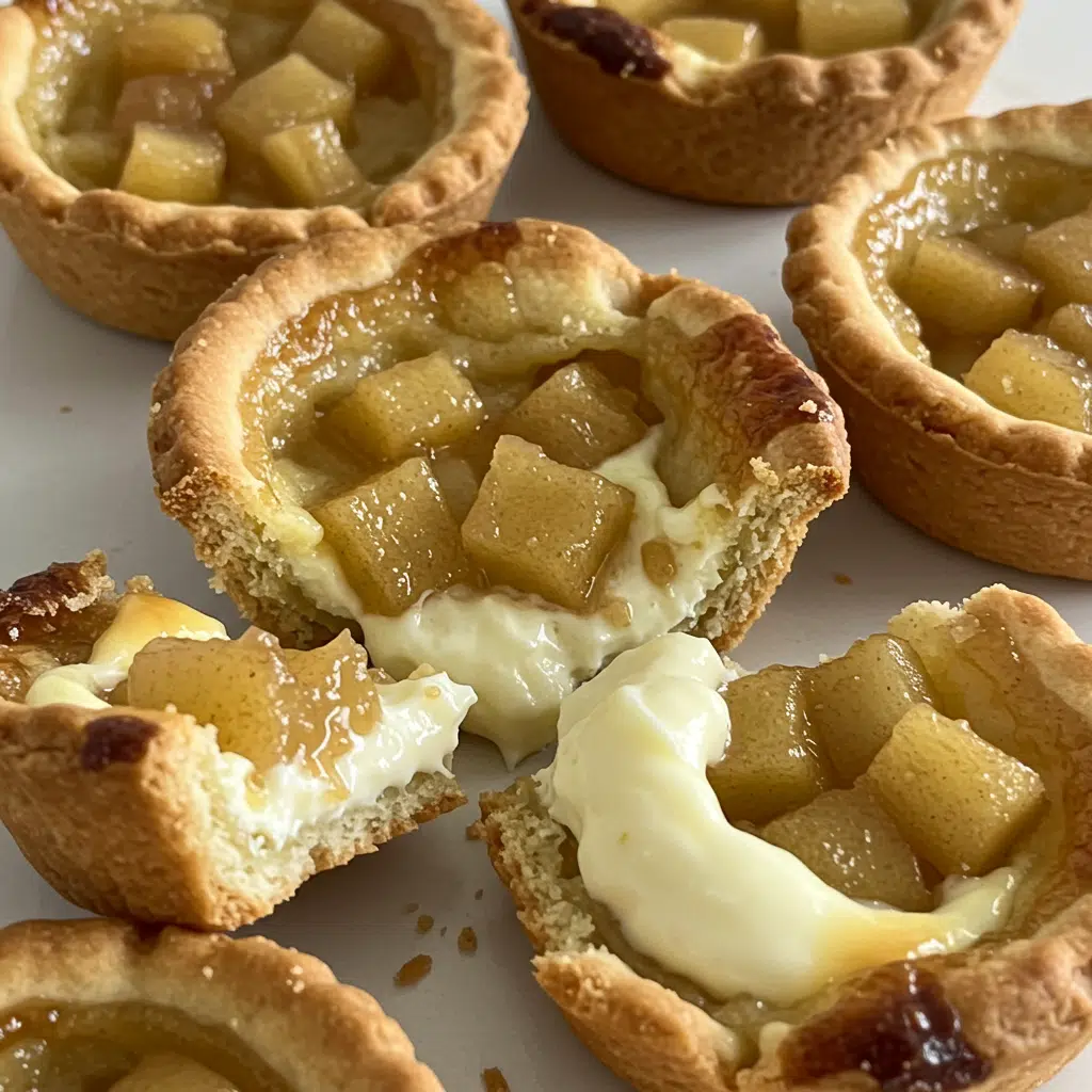 Golden-brown mini apple tarts with visible chunks of cinnamon-spiced apples in flaky pastry shells, arranged on a white serving plate