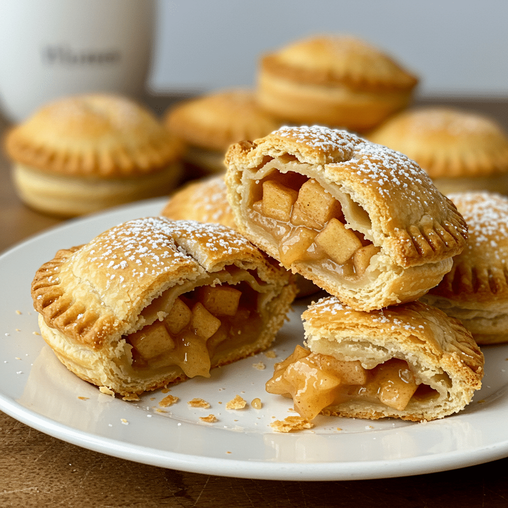 mini apple pies with puff pastry arranged in a muffin tin, showing flaky folded corners with visible cinnamon apple filling peeking through the openings, dusted with powdered sugar