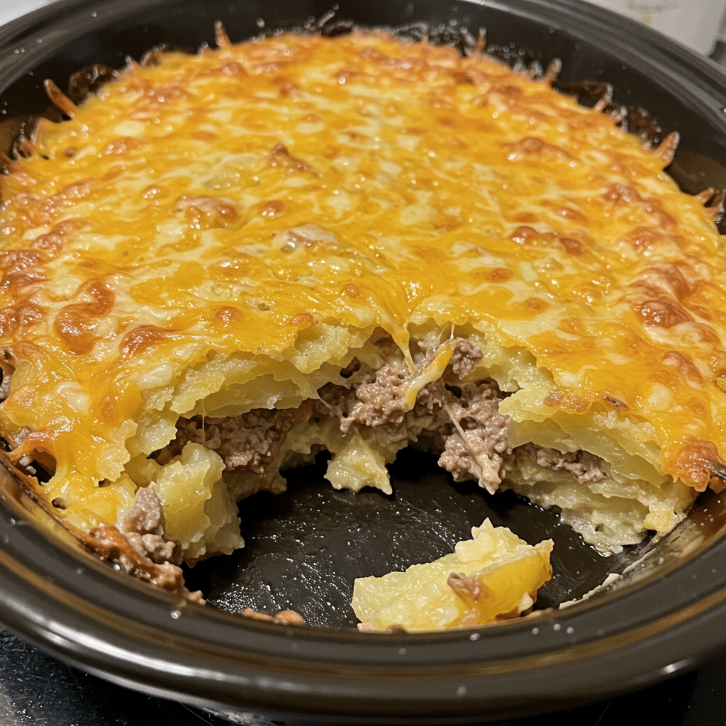 Crockpot Cheesesteak Potato Casserole topped with melted cheddar and fresh parsley
