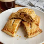 mini apple pies with puff pastry arranged in a muffin tin, showing flaky folded corners with visible cinnamon apple filling peeking through the openings, dusted with powdered sugar