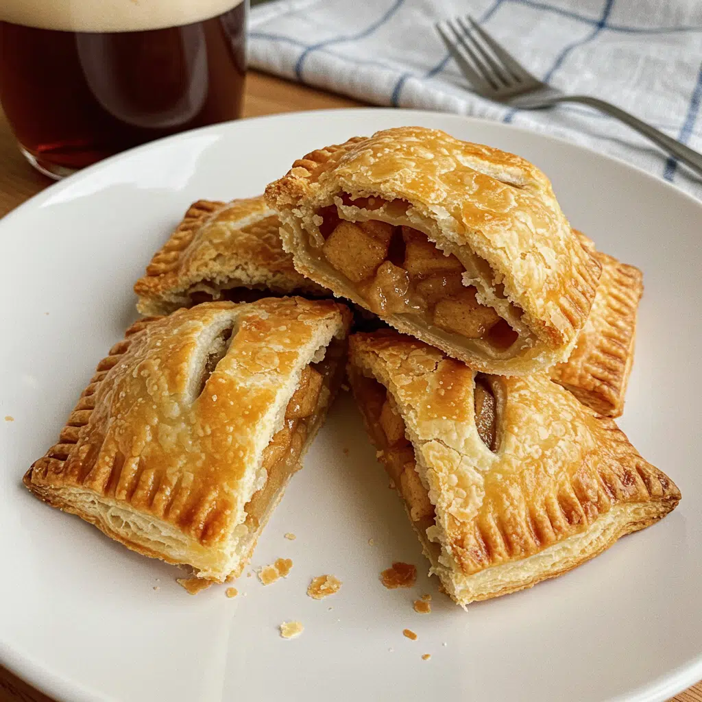 mini apple pies with puff pastry arranged in a muffin tin, showing flaky folded corners with visible cinnamon apple filling peeking through the openings, dusted with powdered sugar