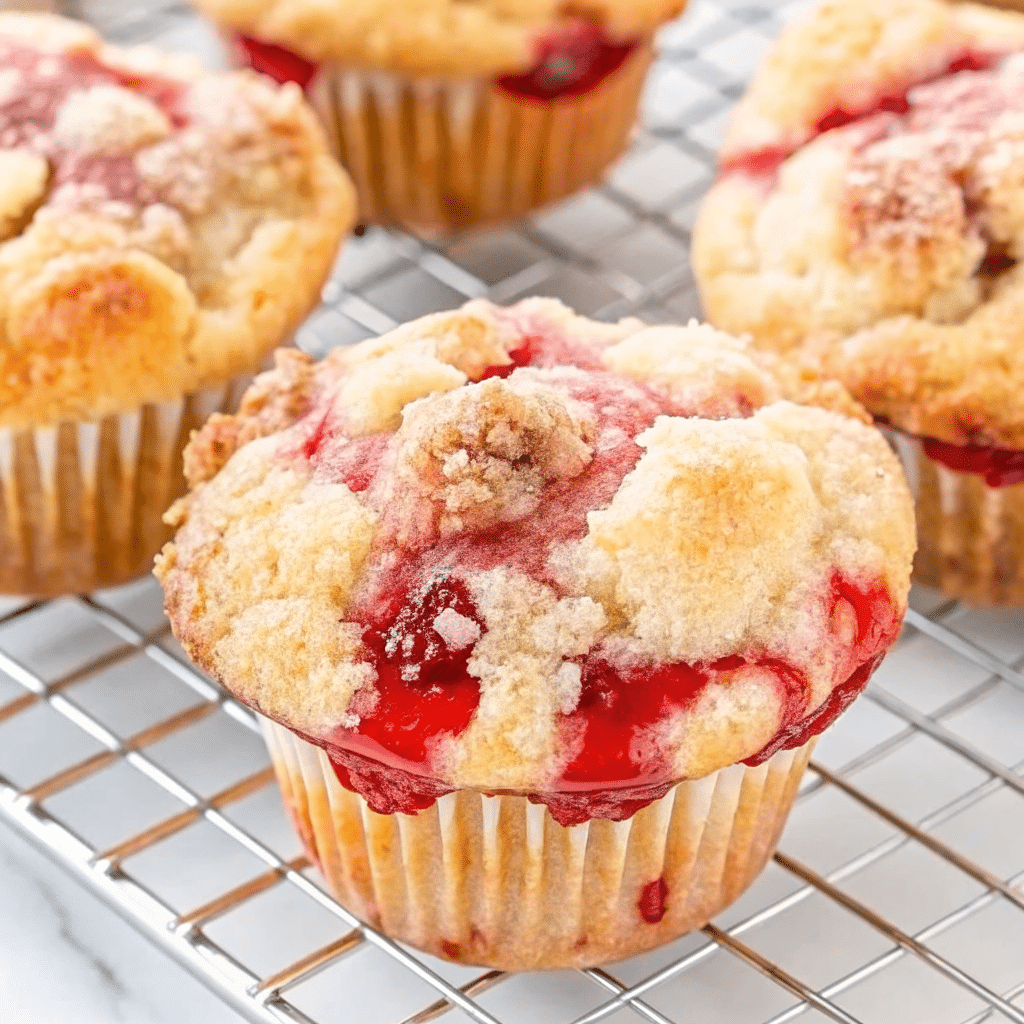 Golden brown cherry cobbler muffins with crumbly streusel topping, filled with juicy red cherries, arranged on a white cooling rack