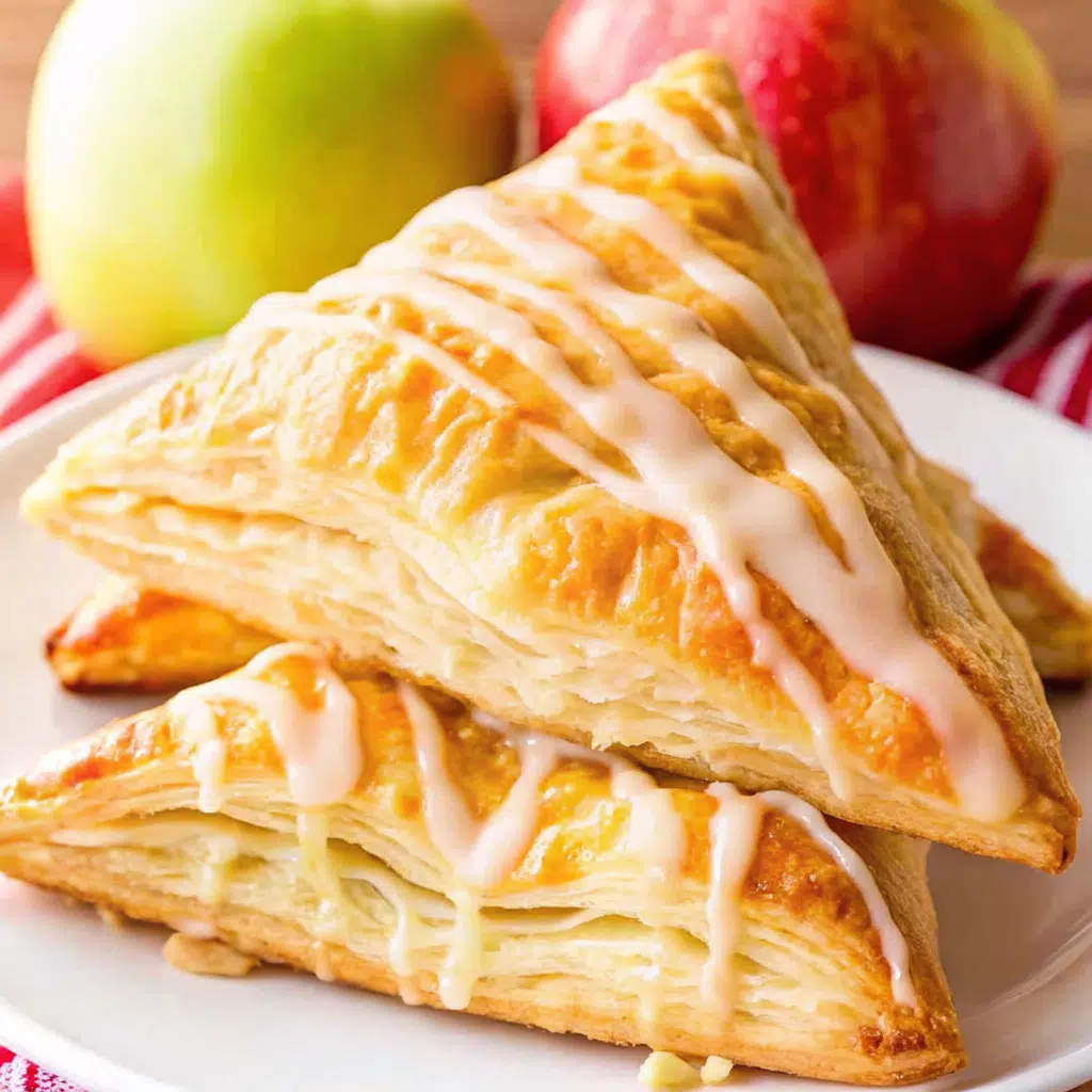 Easy Puff Pastry Apple Turnovers 7 Golden brown puff pastry apple turnovers arranged on a white plate with one broken open to show the tender cinnamon-spiced apple filling inside