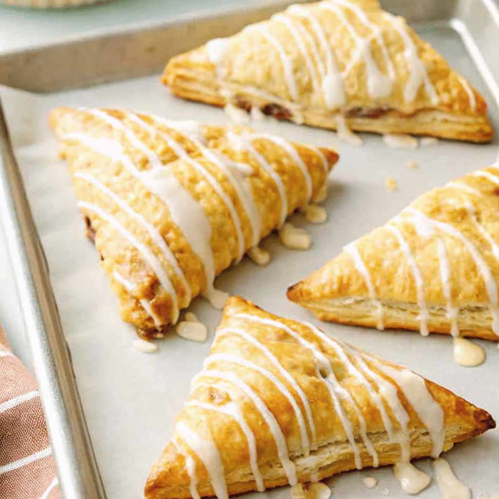 Golden brown puff pastry apple turnovers arranged on a white plate with one broken open to show the tender cinnamon-spiced apple filling inside