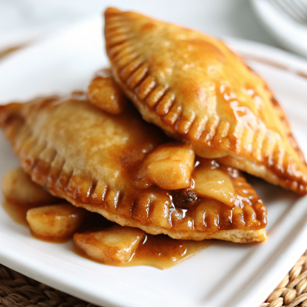 Golden brown caramel apple empanadas on a white plate with melted caramel drizzle, showcasing flaky pastry and gooey caramel filling