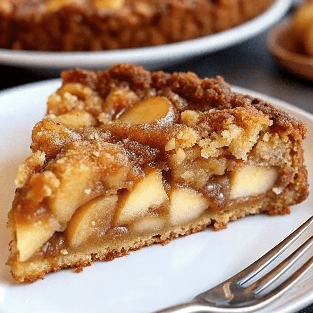 A golden Swedish apple cake with crackled caramel topping in a springform pan, with diced apples visible throughout the moist cake