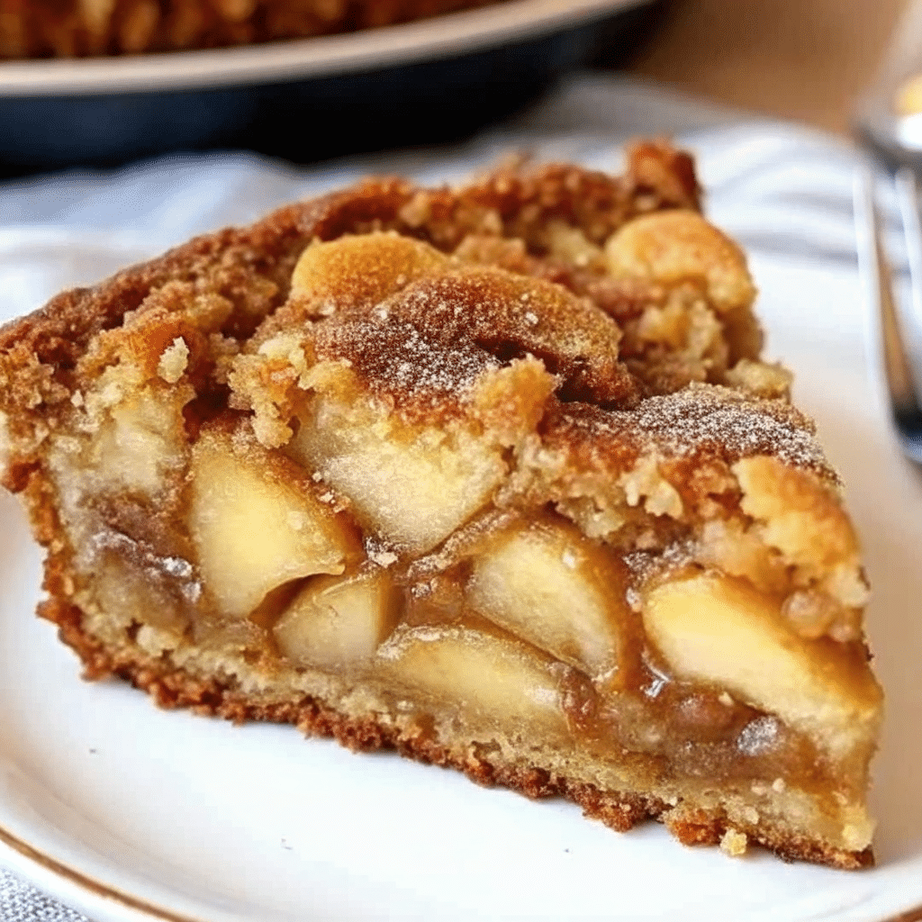 A golden Swedish apple cake with crackled caramel topping in a springform pan, with diced apples visible throughout the moist cake