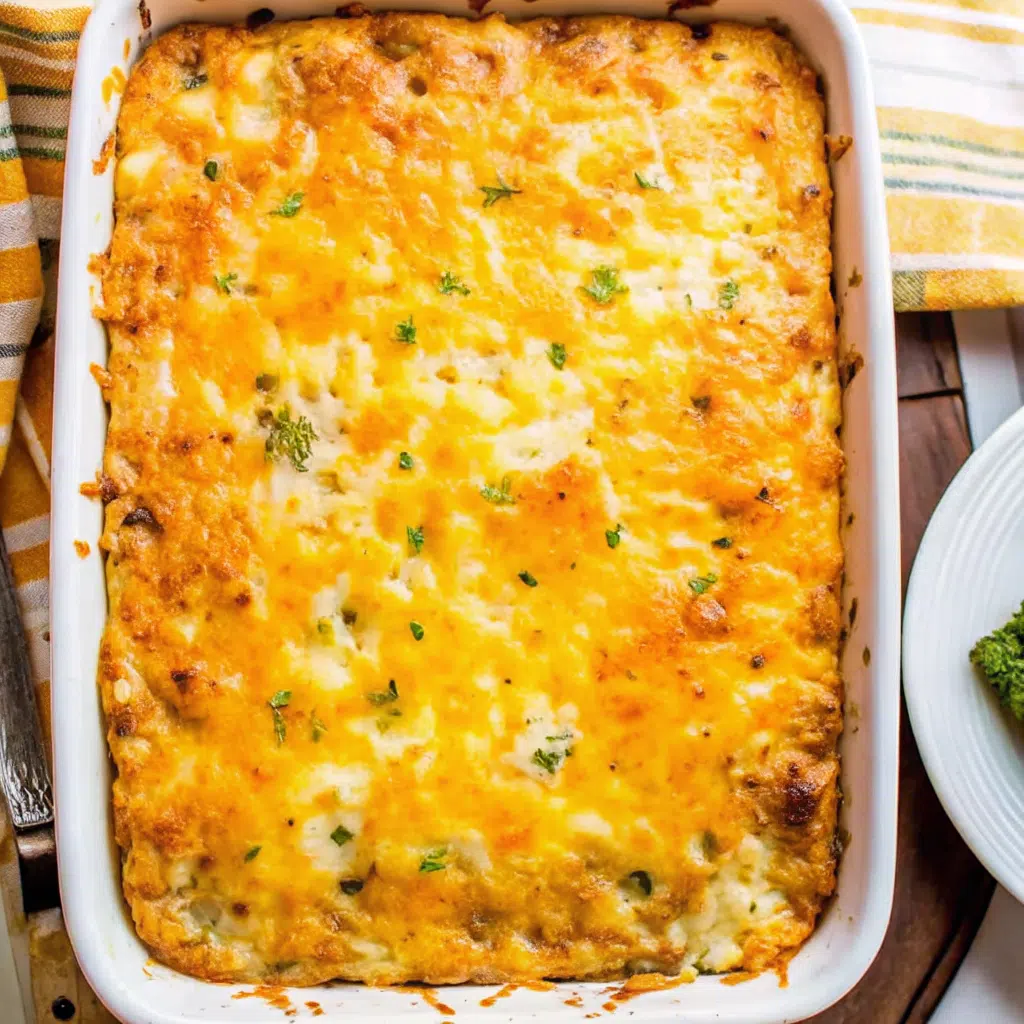 Golden breakfast butter swim biscuits in square baking dish with melted butter bubbling around edges, loaded with breakfast sausage and cheddar cheese