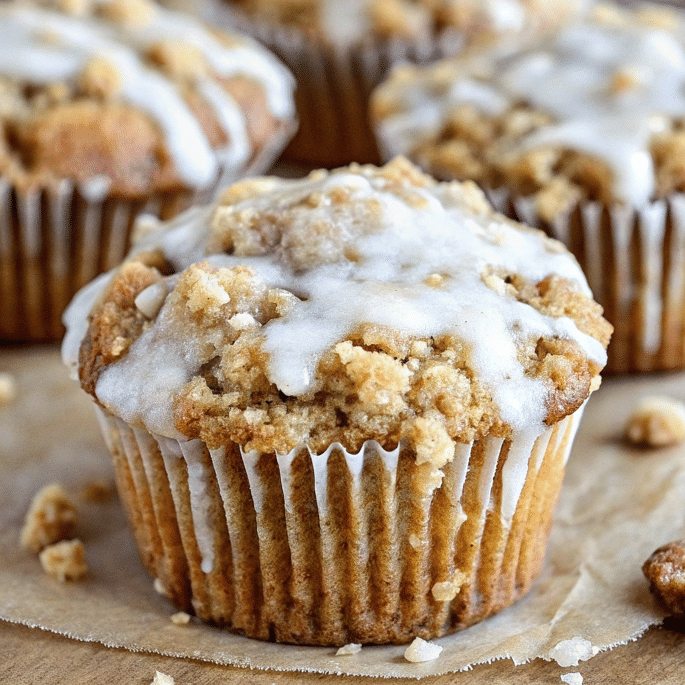Apple Spice Muffins 6 Homemade apple spice muffins with crumb topping on cooling rack, golden brown with visible apple pieces