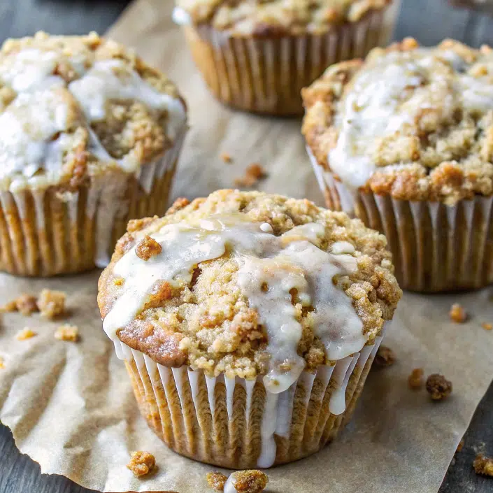 Homemade apple spice muffins with crumb topping on cooling rack, golden brown with visible apple pieces
