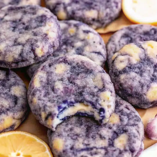 Lemon blueberry cheesecake cookies with purple jam swirls and sparkly sugar coating arranged on a white plate