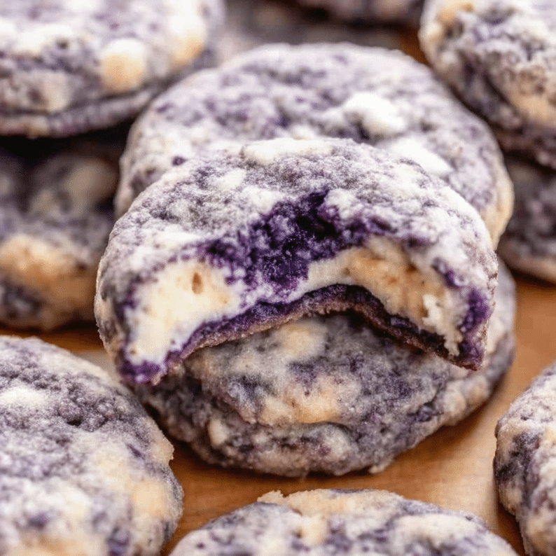 Lemon blueberry cheesecake cookies with purple jam swirls and sparkly sugar coating arranged on a white plate