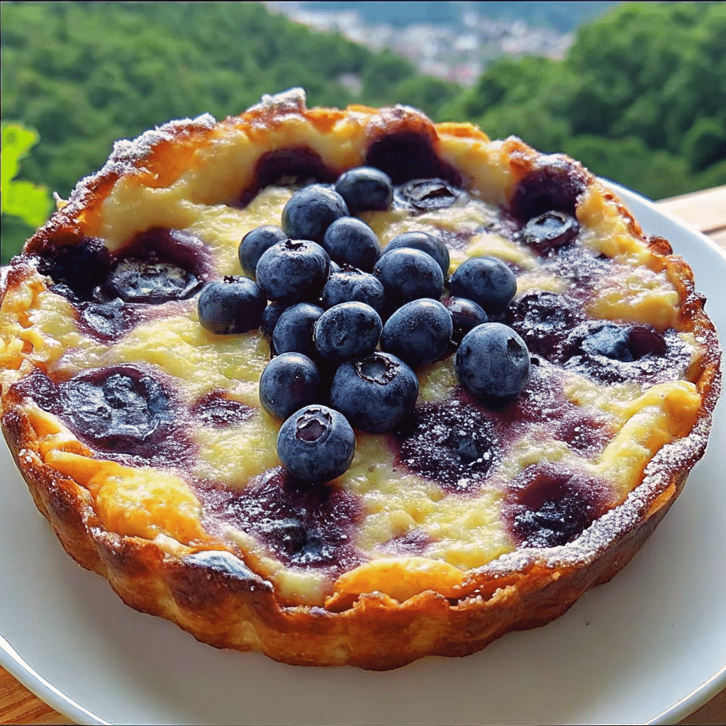 A golden, puffed Blueberry Lemon Dutch Baby in a cast iron skillet, dusted with powdered sugar and studded with burst blueberries