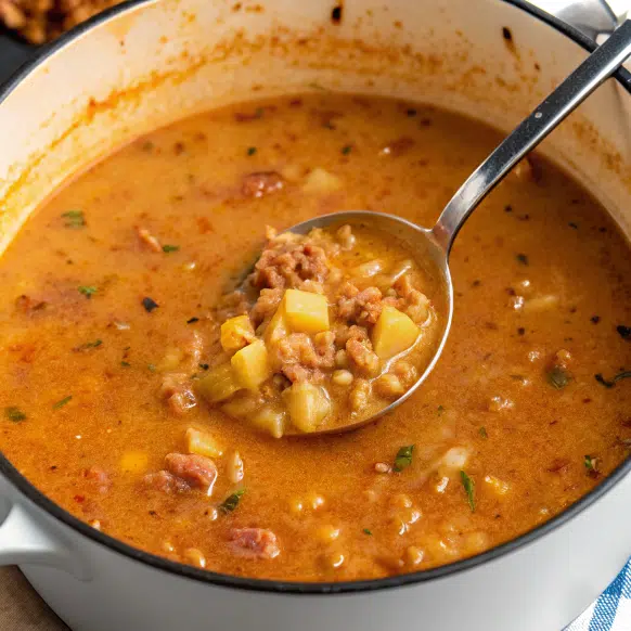 Bowl of creamy Spanish potato soup with chorizo garnished with fresh parsley