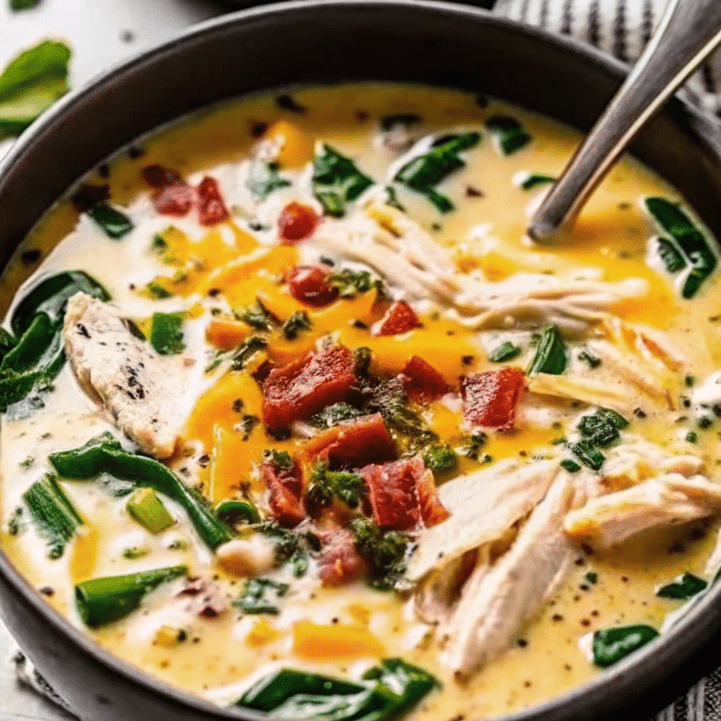 A creamy, loaded crack chicken soup in a white bowl topped with melted cheddar cheese, crispy bacon bits, and green onions, with a wooden spoon beside it