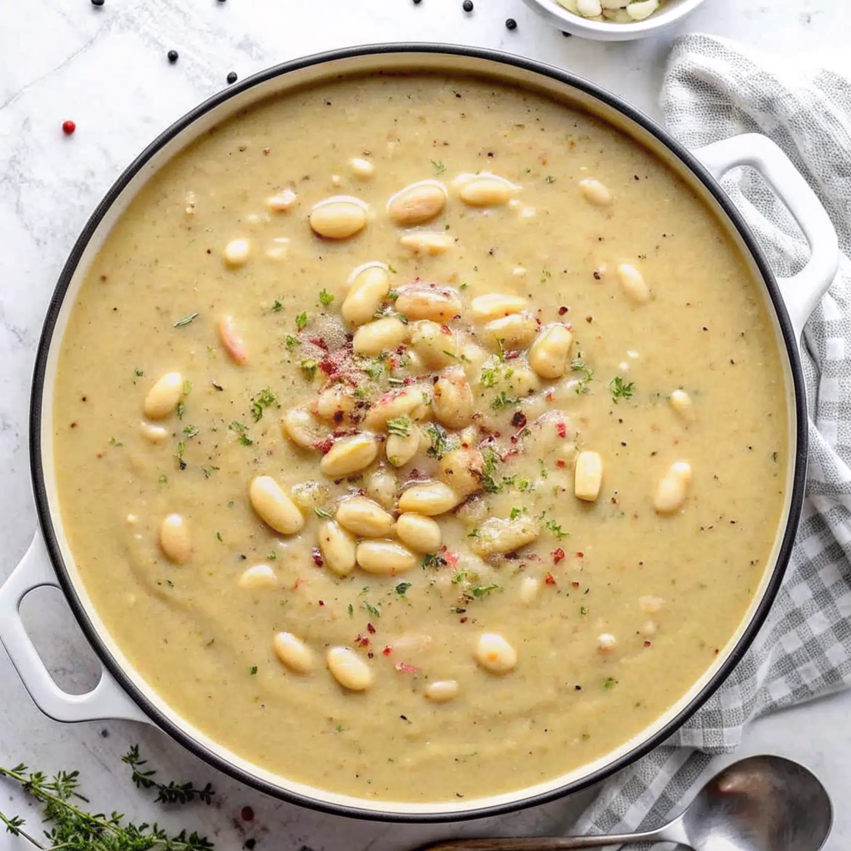 A steaming bowl of creamy white bean soup with visible chunks of carrots, celery, and white beans, garnished with fresh spinach and grated Parmesan cheese, served with crusty bread on the side.