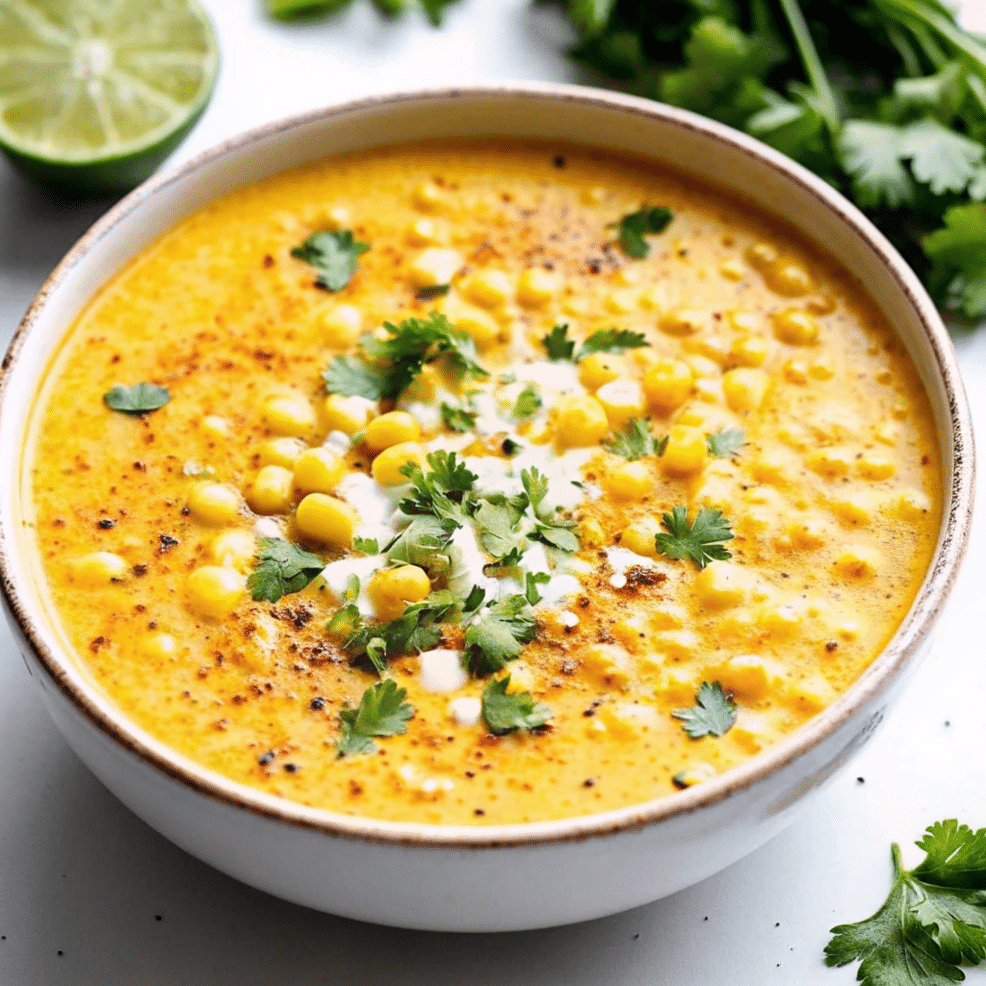 Bowl of creamy Mexican street corn soup garnished with charred corn kernels, Cotija cheese, and fresh cilantro