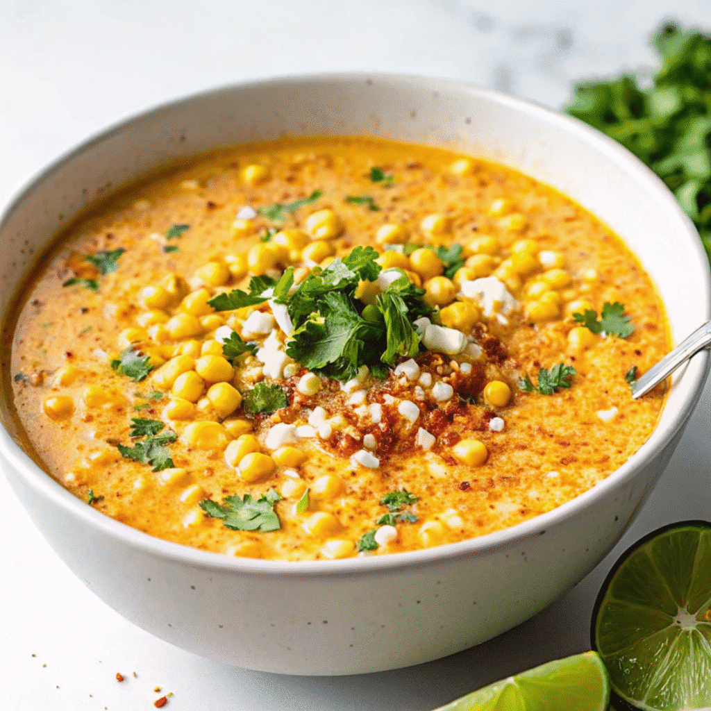 Bowl of creamy Mexican street corn soup garnished with charred corn kernels, Cotija cheese, and fresh cilantro