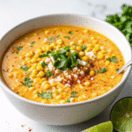 Bowl of creamy Mexican street corn soup garnished with charred corn kernels, Cotija cheese, and fresh cilantro