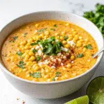 Mexican Street Corn Soup 8 Bowl of creamy Mexican street corn soup garnished with charred corn kernels, Cotija cheese, and fresh cilantro