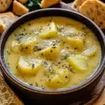 Cheddar Garlic Herb Potato Soup 8 A bowl of creamy, golden cheddar garlic herb potato soup garnished with fresh parsley, served alongside crusty bread with a spoon resting in the bowl.