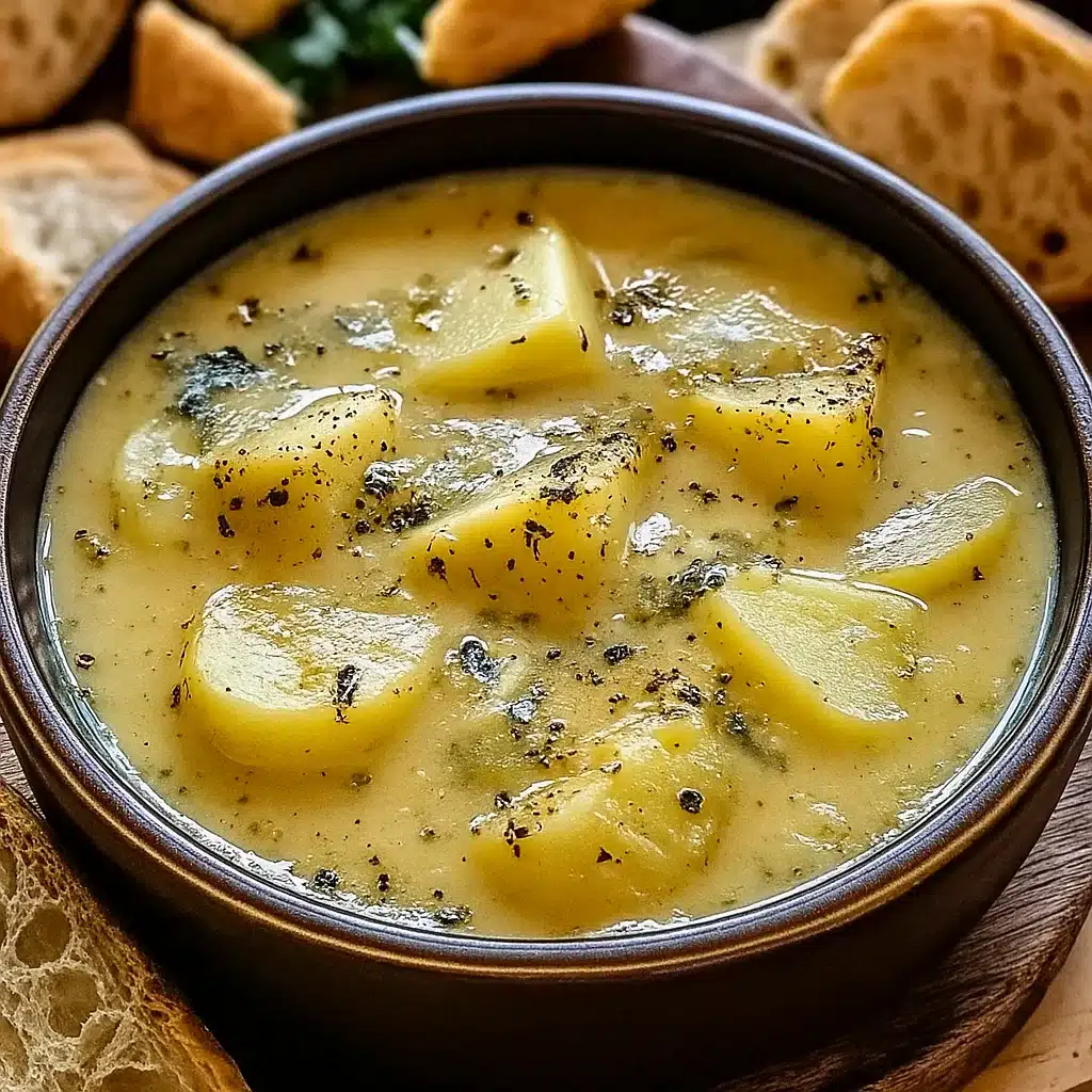 A bowl of creamy, golden cheddar garlic herb potato soup garnished with fresh parsley, served alongside crusty bread with a spoon resting in the bowl.