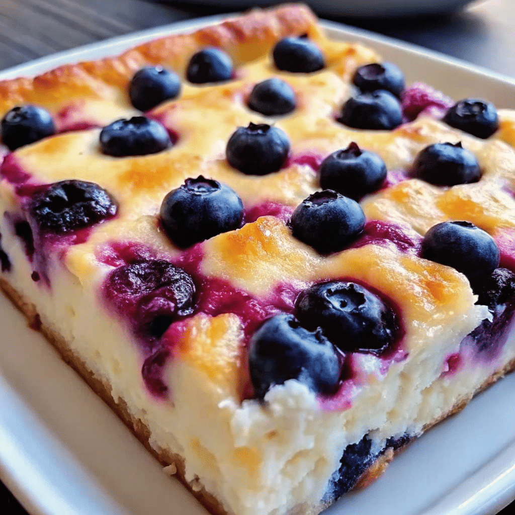Golden brown blueberry cottage cheese breakfast bake in a rectangular pan, topped with burst blueberries and toasted almonds, cut into neat squares