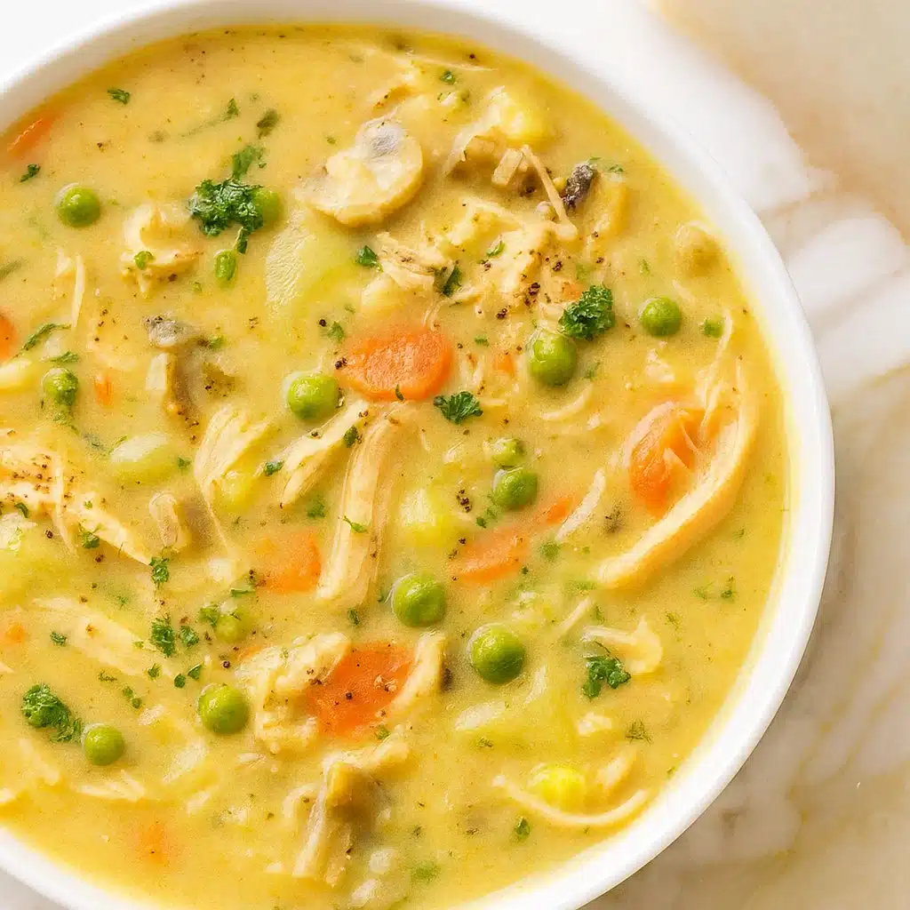 Creamy chicken pot pie soup in a white bowl topped with fresh parsley, served alongside golden brown cheesy crust dippers with melted cheddar cheese