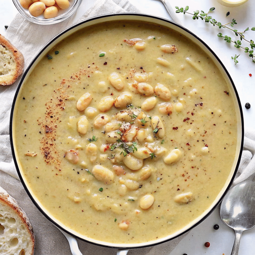 White Bean Soup 6 A steaming bowl of creamy white bean soup with visible chunks of carrots, celery, and white beans, garnished with fresh spinach and grated Parmesan cheese, served with crusty bread on the side.