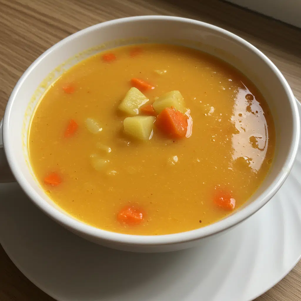 Home Page 36 A bowl of golden, creamy carrot potato soup garnished with pepitas, served alongside crusty bread on a rustic wooden table.