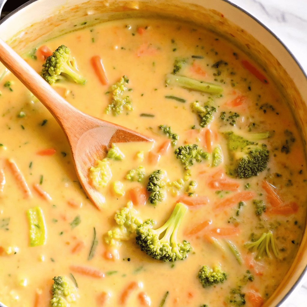 A steaming bowl of creamy broccoli cheddar soup garnished with fresh herbs and served