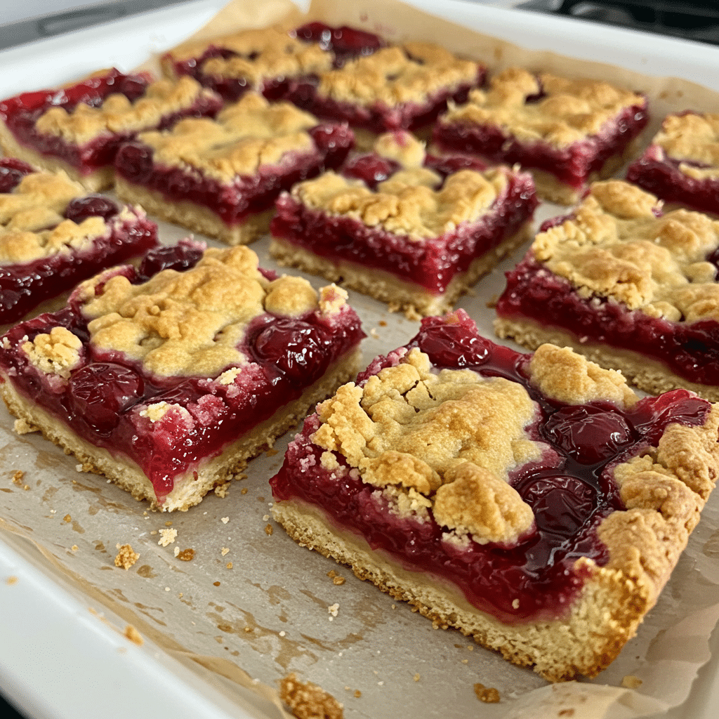 Golden-brown cherry pie bars with crumble topping on parchment paper, showing layers of oat crust, bright red cherry filling, and streusel top