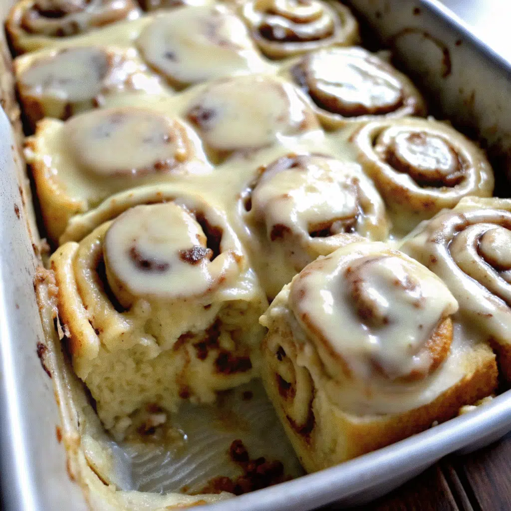 Apple Pie Cinnamon Rolls 7 Freshly baked apple pie cinnamon rolls in a baking dish, topped with cream cheese frosting and showing the spiral of cinnamon and apple filling