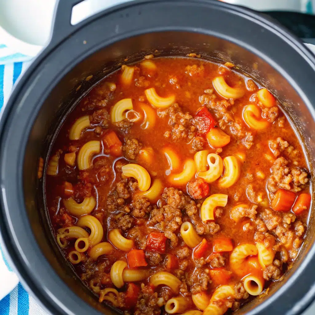 Crock Pot American Goulash 7 This Crock Pot American Goulash is loaded with tender ground beef, perfectly cooked pasta, and a rich tomato sauce that'll have your family asking for seconds.