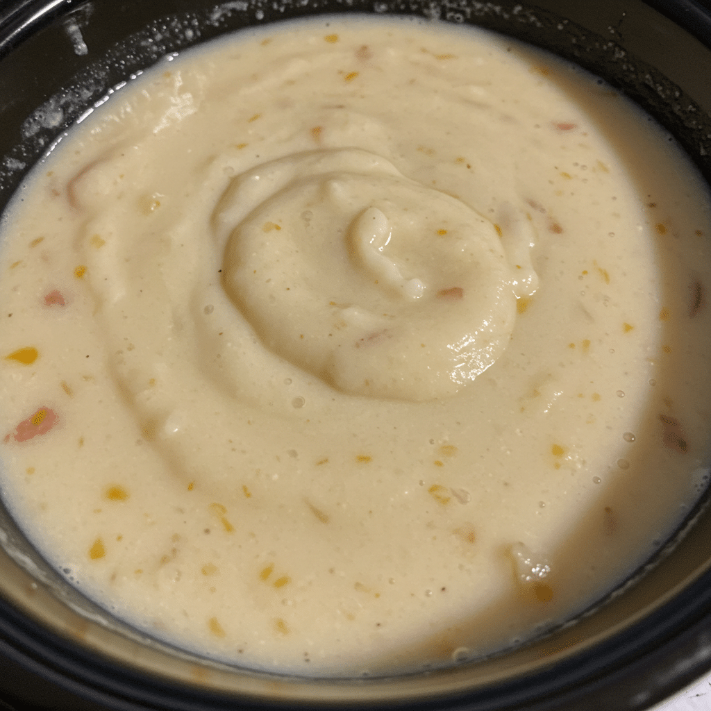 Creamy crockpot potato soup in a white bowl topped with shredded cheese, bacon bits, and chives, with a slice of crusty bread on the side