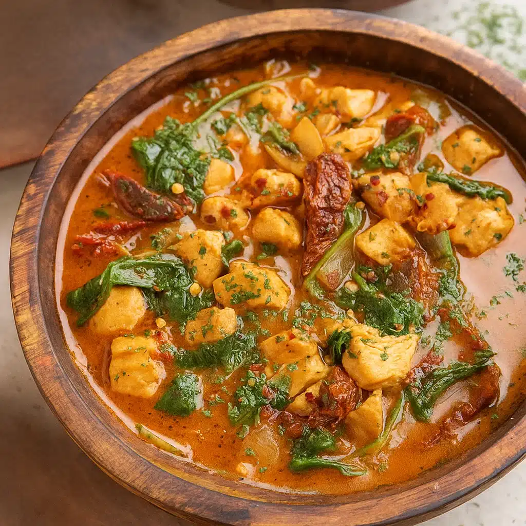 Easy one-pot Tuscan chicken soup with tender chicken thighs, pasta, spinach, and sun-dried tomatoes in a creamy Parmesan broth