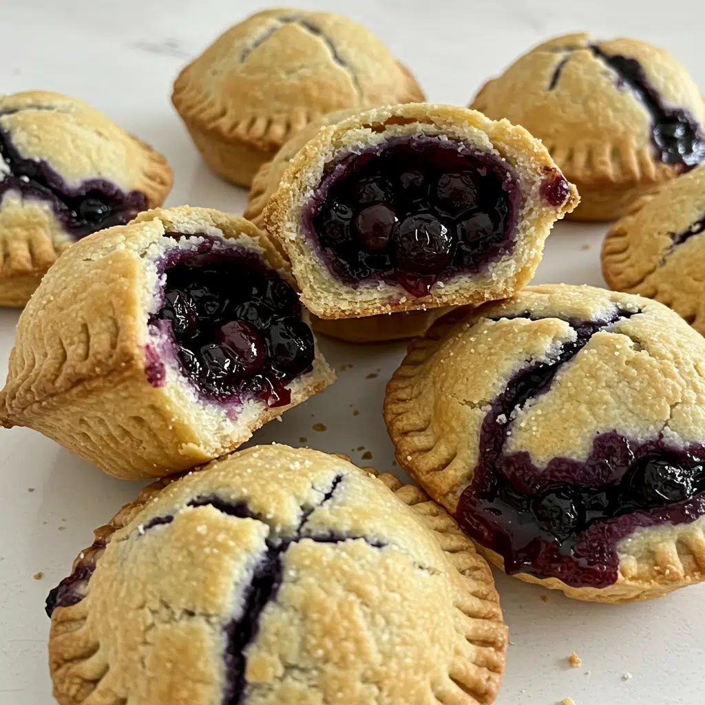 Golden brown blueberry pie bombs arranged on a white plate, with one bomb broken open to show the purple blueberry filling inside