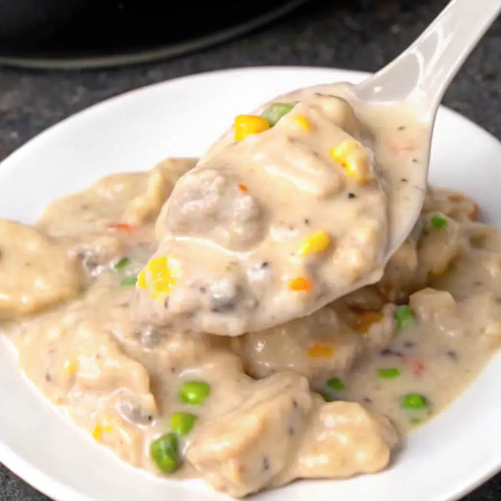 Ground Beef and Dumplings 7 Bowl of ground beef and dumplings with visible biscuit pieces, meat, and vegetables in creamy broth