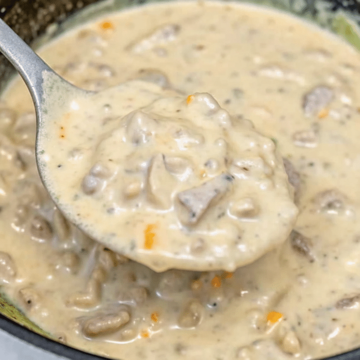 Bowl of ground beef and dumplings with visible biscuit pieces, meat, and vegetables in creamy broth