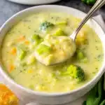 Broccoli Potato Soup 8 A steaming bowl of creamy broccoli potato soup topped with melted cheddar cheese and crispy bacon bits, served with crusty bread on a rustic wooden table.