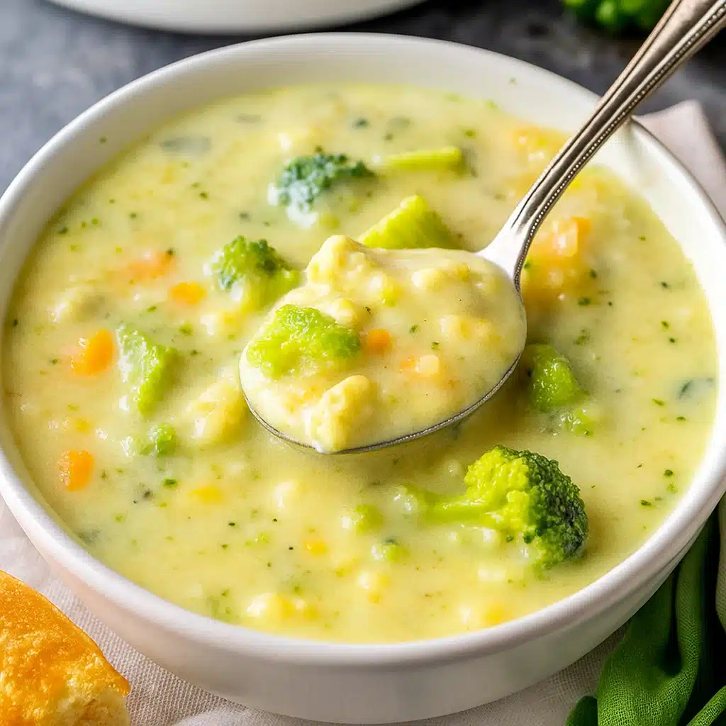 Home Page 35 A steaming bowl of creamy broccoli potato soup topped with melted cheddar cheese and crispy bacon bits, served with crusty bread on a rustic wooden table.