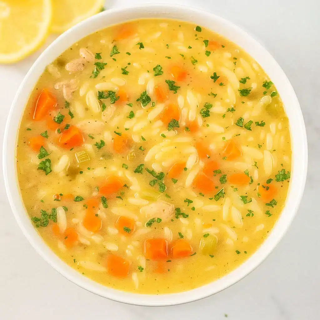 A steaming bowl of golden lemon chicken orzo soup with visible pieces of tender shredded chicken, orzo pasta, carrots, and celery, garnished with fresh parsley