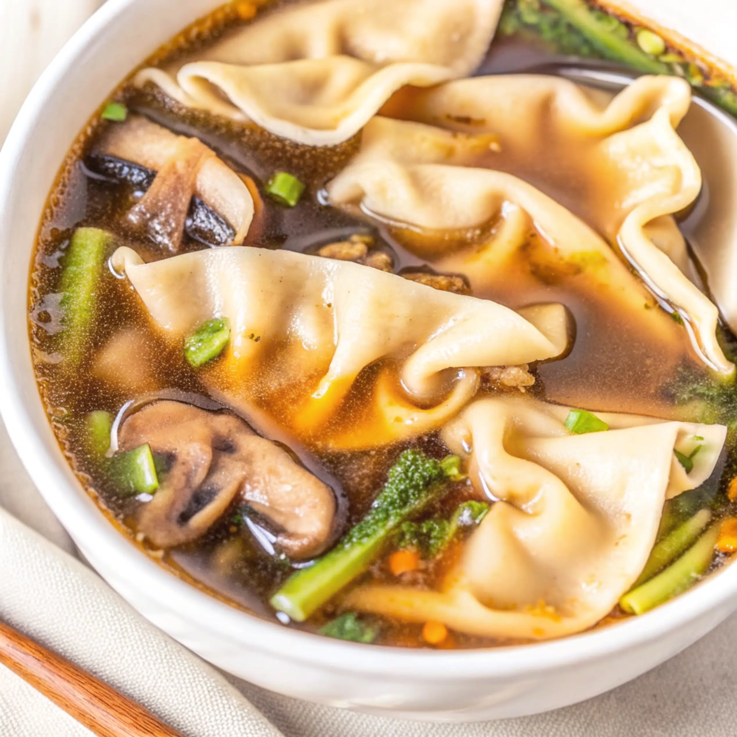A steaming bowl of potsticker soup with golden dumplings, fresh bok choy, sliced scallions, and mushrooms in a clear aromatic broth, garnished with chili crisp and sesame seeds
