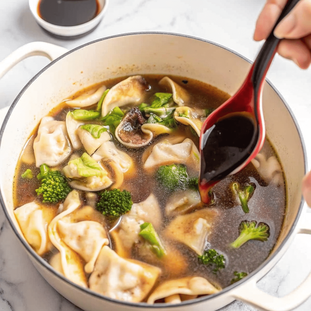 A steaming bowl of potsticker soup with golden dumplings, fresh bok choy, sliced scallions, and mushrooms in a clear aromatic broth, garnished with chili crisp and sesame seeds