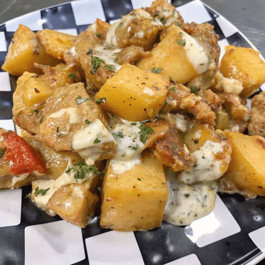 Golden garlic parmesan chicken and potatoes in a white crockpot, topped with melted mozzarella cheese and fresh herbs
