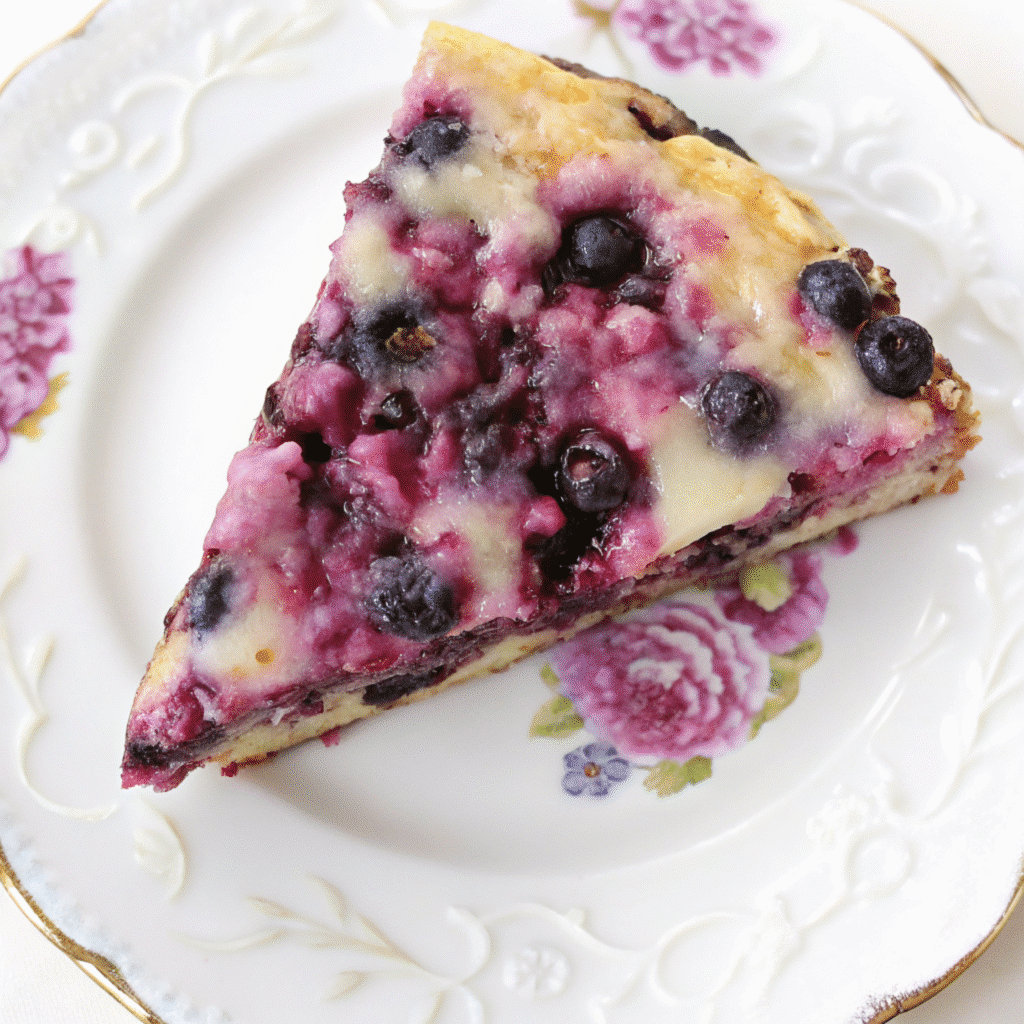 Golden Nova Scotia Blueberry Cream Cake with crumbly crust, blueberries, and cream topping