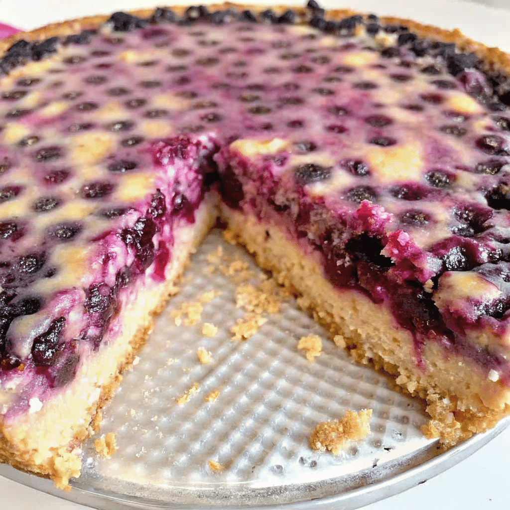 Golden Nova Scotia Blueberry Cream Cake with crumbly crust, blueberries, and cream topping