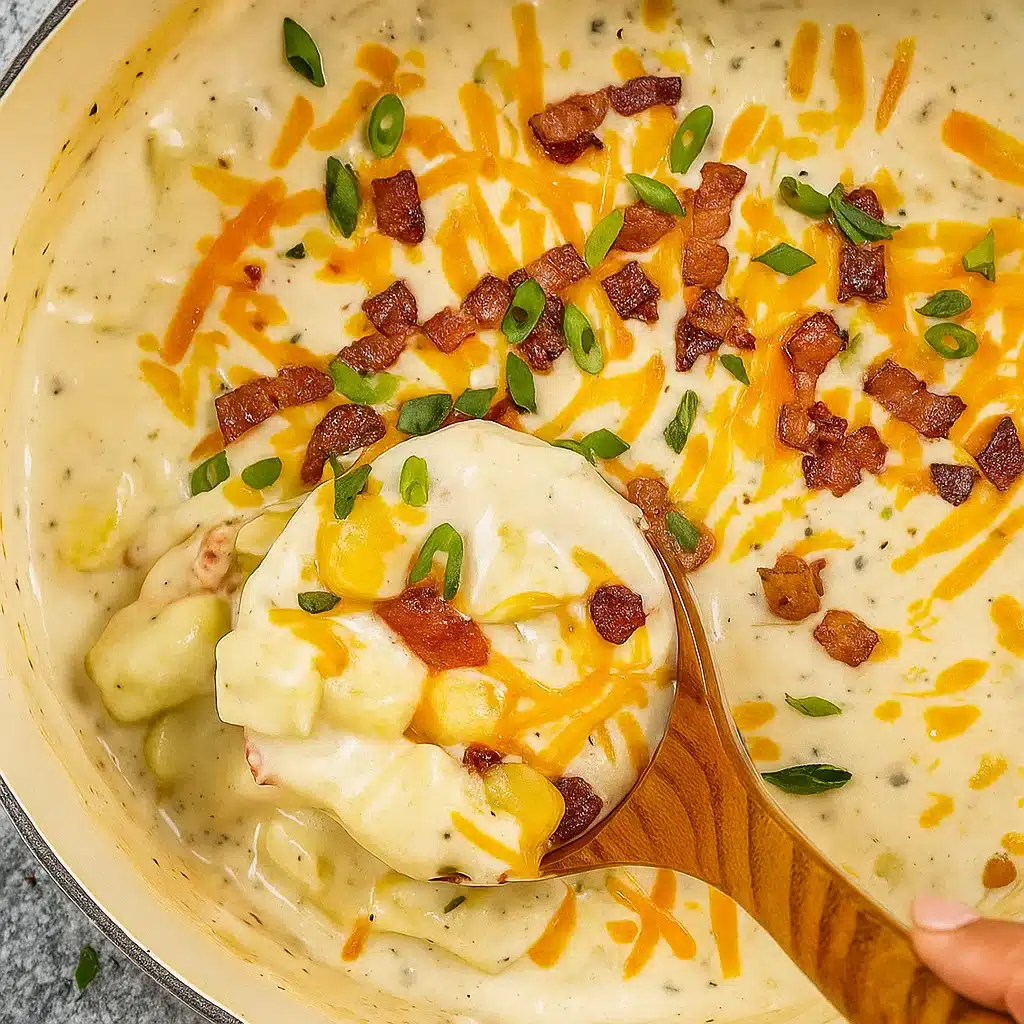 Home Page 39 Creamy loaded potato soup topped with melted cheddar cheese, crispy bacon bits, and fresh green onions in a white ceramic bowl